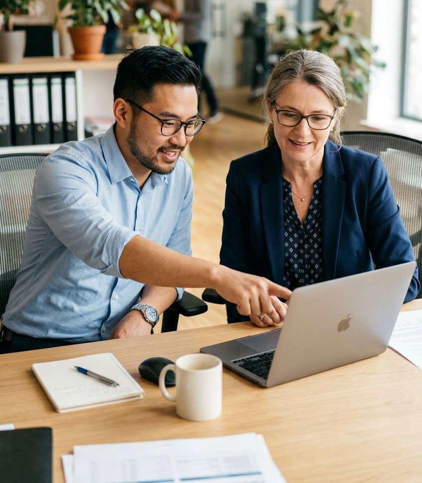 A billing specialist working with a doctor at a laptop.