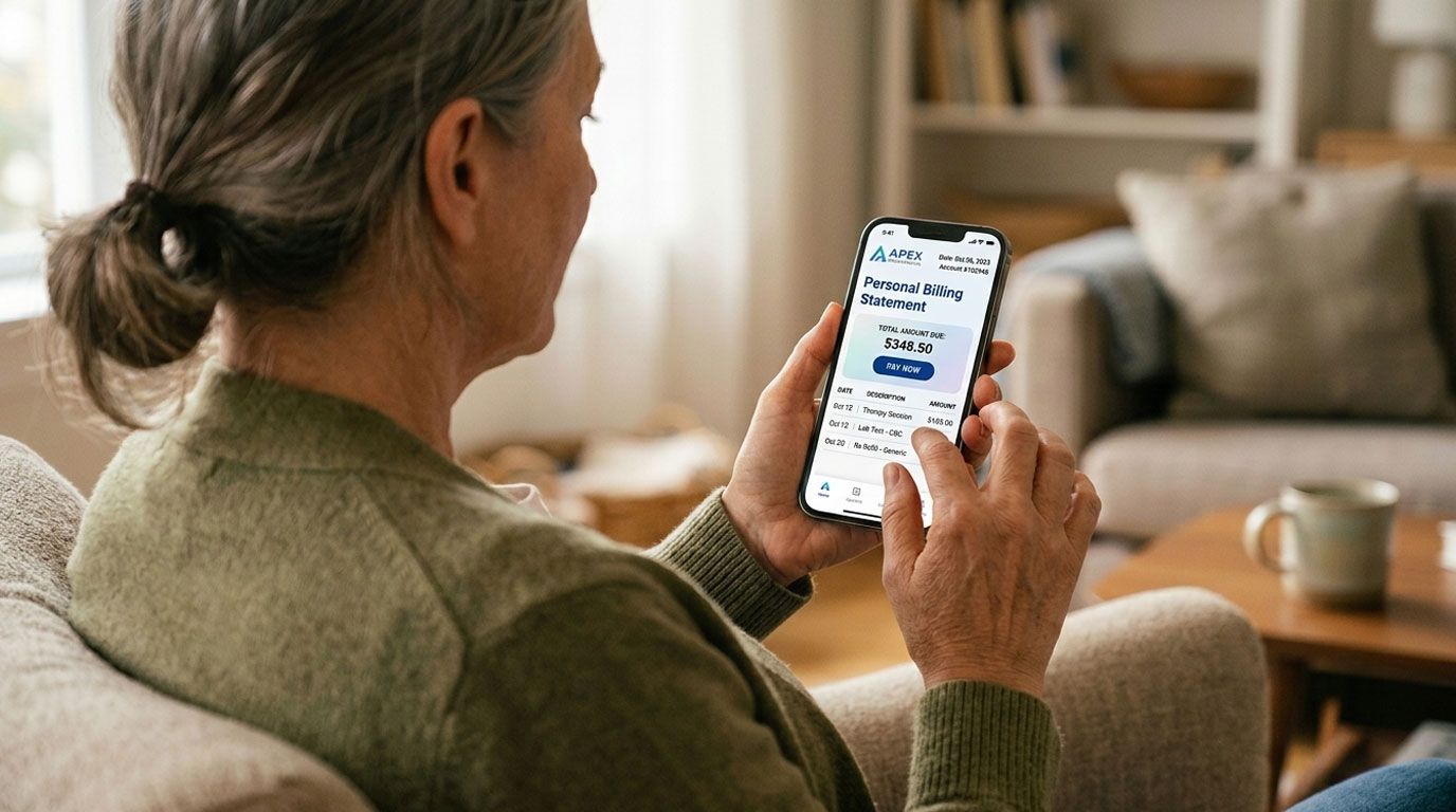 A patient reviewing an Apex billing statement on their phone.