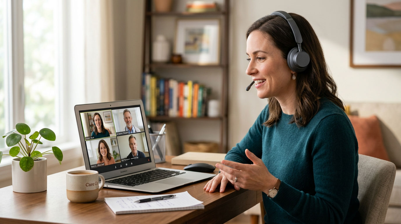 A billing specialist on a headset joining a video call.
