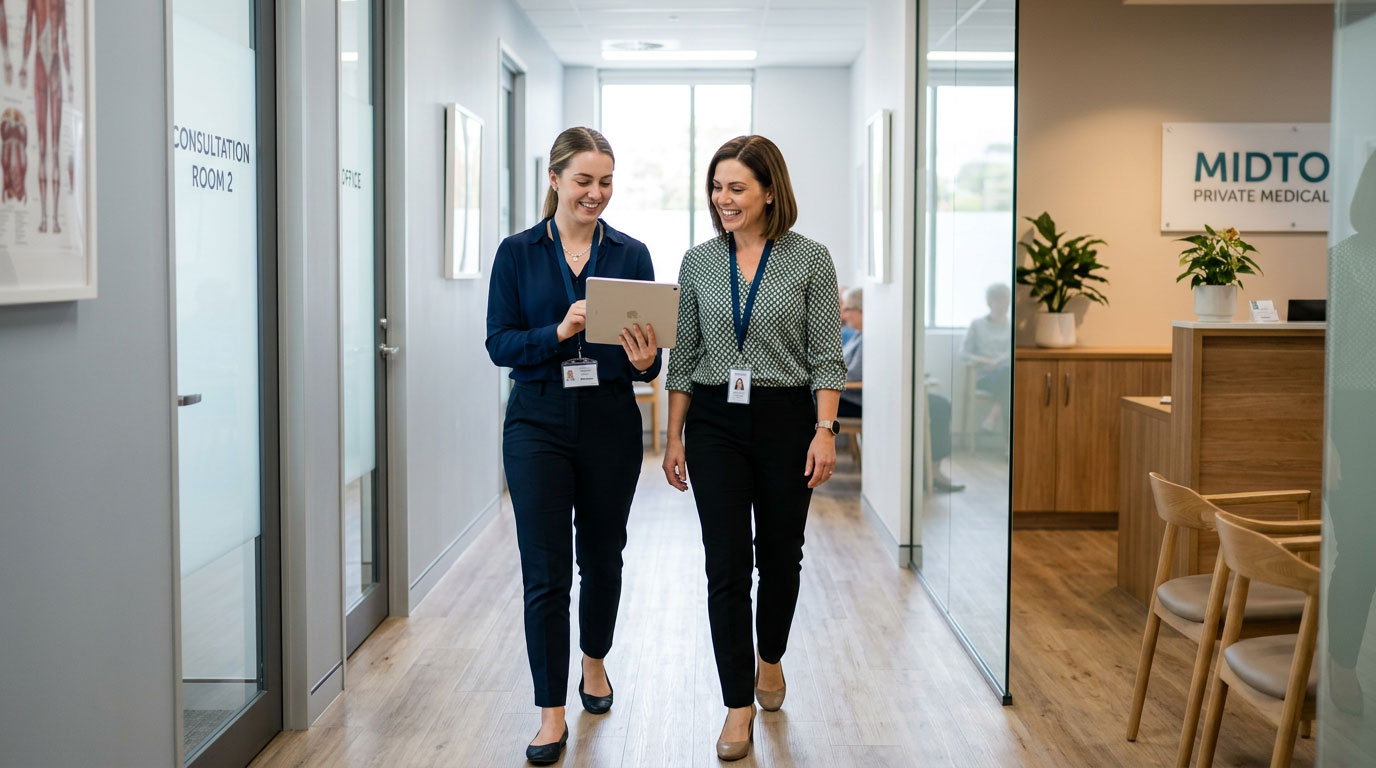 Practice staff reviewing accounts on a tablet in a medical office.